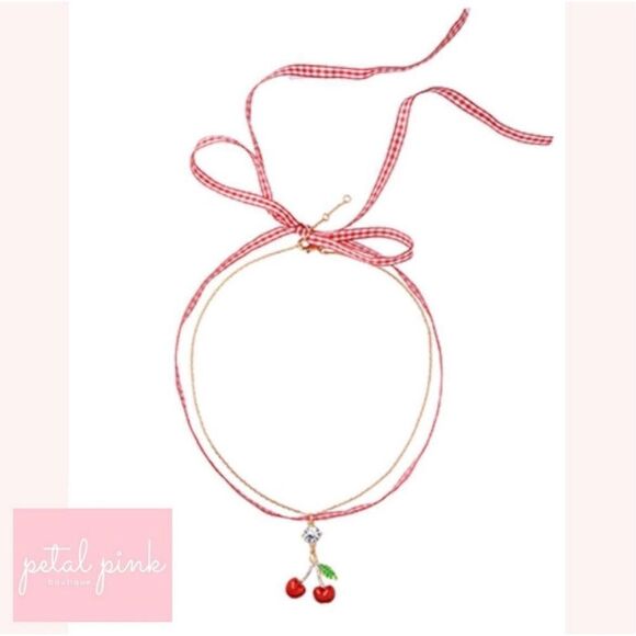 🍒High-End Enamel and Crystal Pendant Choker w Layered Chain and Gingham Ribbon - Picture 3 of 5